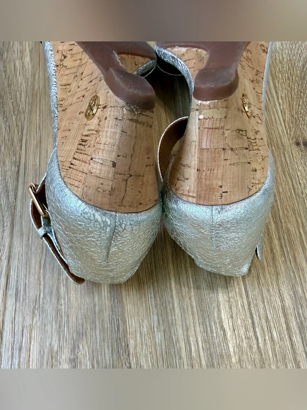 Tory Burch Metallic Leather Cork Wedge Ankle Strap Sandals Size 7M